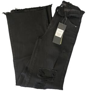 Risen Women's Fray Waist Flare Jeans Black Distressed Size 3/26